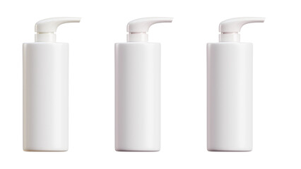 Transparent Background: Set of three identical white pump bottles, perfect for showcasing cosmetic, lotion, or soap product designs.

