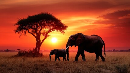 Obraz premium A stunning sunset frames a pair of elephants walking gracefully in a serene landscape, symbolizing beauty, freedom, and the majesty of wildlife in its natural habitat.