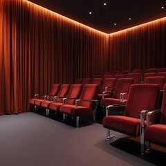 Fototapeta premium Luxurious Red Cinema Seating Area with Orange Curtains