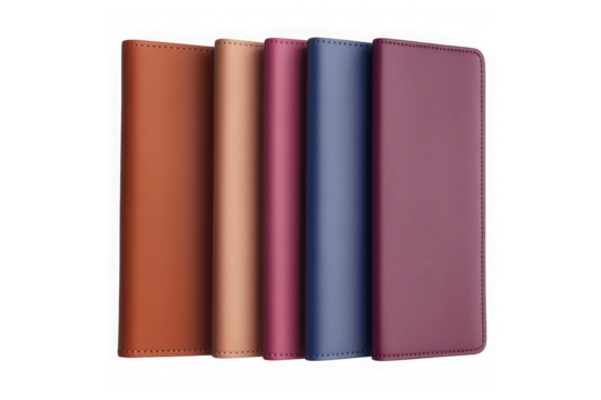 Leather passport holder wallet set, travel document organizer, card holder, protective cover, multiple colors, accessories isolated on transparent background