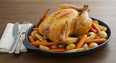 Golden-brown roast chicken with roasted root vegetables sits in a dark gray roasting pan, ready to serve.
