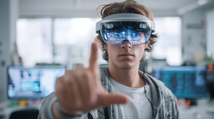 Young man wearing futuristic glasses interacting with virtual reality in modern office, experiencing augmented reality, innovative technology concept