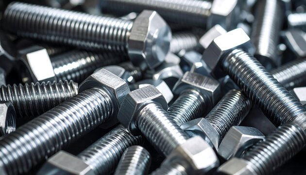 A close-up shot of a pile of shiny, silver-colored bolts and nuts, creating a textured industrial background.
