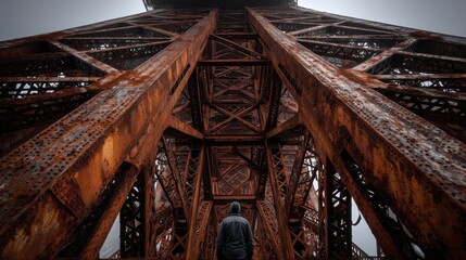 Rust-covered metal support for huge bridge. Shot from below of complex latticework of steel beams covered in decades of thick, layered rust