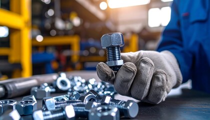 Factory worker inspecting a large bolt, surrounded by various nuts and bolts.