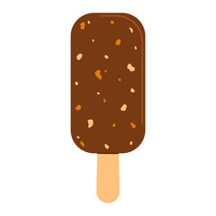 Ice cream with chocolate glaze and nuts on wooden stick. Cold summer dessert. Flat vector illustration isolated on white