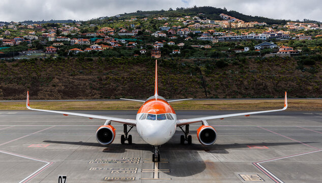 Santa Cruz, Porugal - June 12, 2024: Airbus A320-214 of easyJet airlines on Cristiano Ronaldo International Airport, Madeira Island