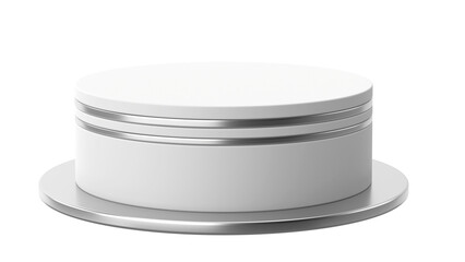 Transparent Background: Modern white cylindrical podium with sleek silver accents, sitting on a metallic disc base, ideal for product display.


