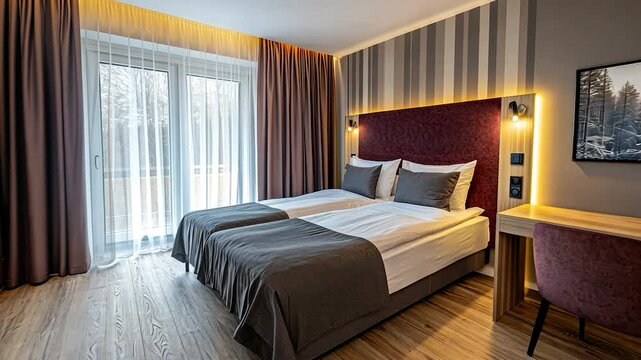 Modern hotel bedroom with twin beds, window views, and work area