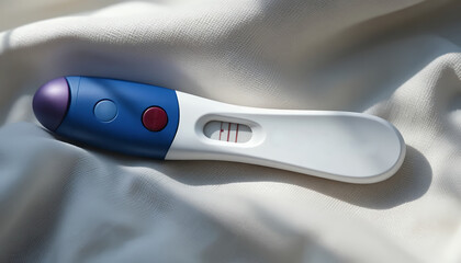 Close up view of a positive pregnancy test showing two distinct red lines on fabric background