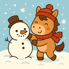 cute cartoon horse with snowman on winter background, vector illustration