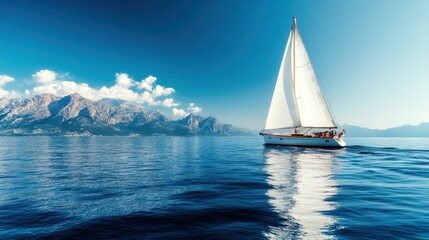 Fototapeta premium A serene sailboat gliding through calm blue waters with picturesque mountains in the background against a clear blue sky, evoking tranquility and adventure.