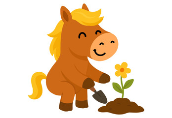 Horse and flower in the soil. Vector illustration on white background.