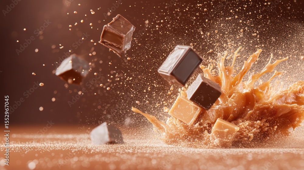 Poster dynamic chocolate cubes cascade and splash into a rich chocolate background, creating an eye-catchin