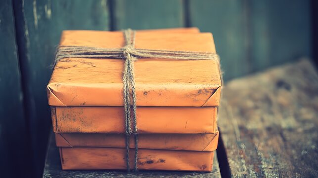 Vintage Stacked Gift Boxes Tied with Twine Rustic Background