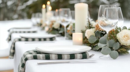 Elegant outdoor winter wedding reception table setting featuring candles, greenery, and checkered napkins