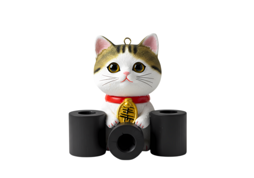 Charming Cat Figurine A Decorative Resin Cat Holding a Gold Ingot Perched on a Black Base isolated on transparent background