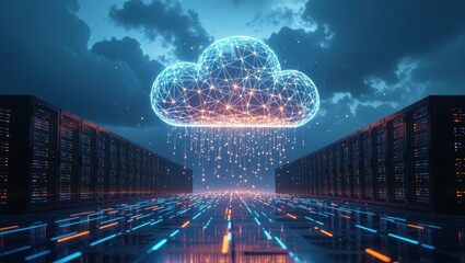 Digital cloud computing concept with server racks and data streams in a futuristic network environment