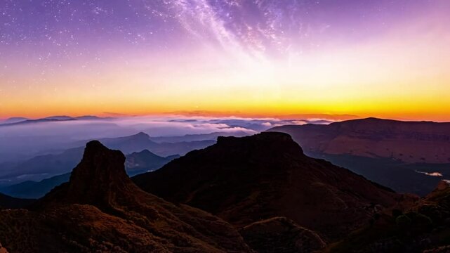 Day to night sunset hyper lapse over volcanic caldera of Tejeda, Gran Canaria, Canary islands, Spain
