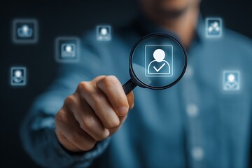 High quality photo of man using a magnifying glass to examine a human icon with a check mark on a screen, contemplating the concept of employee selection or HR brokering. The man.