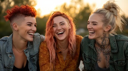 Obraz premium Three friends sharing a joyful moment while laughing together during sunset, capturing the essence of friendship, happiness, and carefree experiences in life.