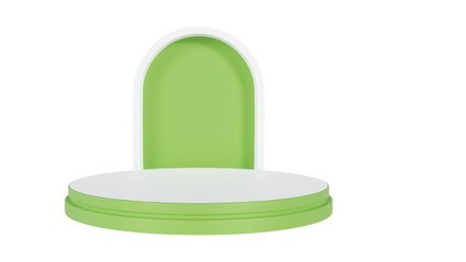 Transparent Background: Minimalist product display featuring a white circular podium with a light green base and an arched green backdrop.

