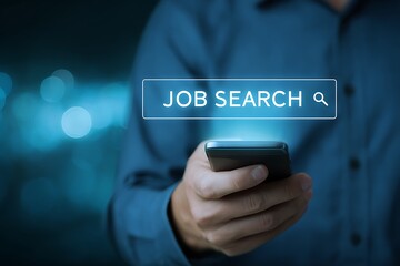 High quality photo of man is searching on the internet with a smartphone and the text "JOB SEARCH" appears on the screen. The image shows an ethereal light, a close-up of a blue.