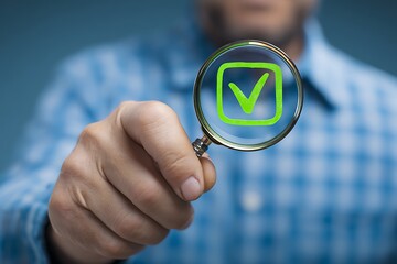 High quality photo of man using a magnifying glass to focus on a green check mark icon in a human resources online form, against a blue shirt background. High detail.