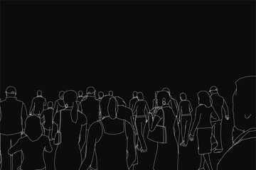 A black and white illustration of a crowd walking down a street, depicted in a single file line with some carrying bags. The background is solid black, emphasizing the figures.