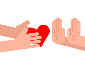 Refusal of love. Man refuses to accept heart. Hands make refusal of love.