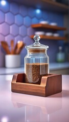 Glass jar with lid filled with seeds on wooden stand kitchen storage organization container decor