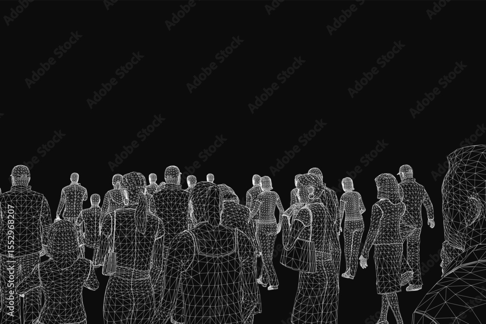 Poster a large crowd of animated people stands in a dynamic line against a black background, creating a str
