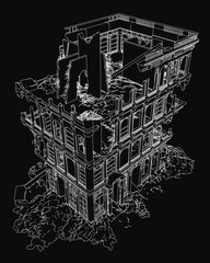 A black and white drawing of a destroyed building with broken windows and crumbling walls, set against a dark background. The structure appears abandoned and in severe disrepair