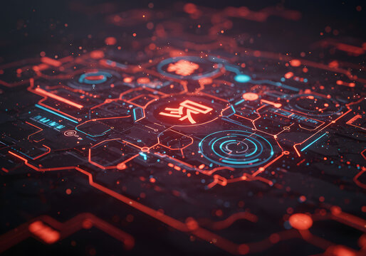 Abstract digital circuit board with glowing red and blue elements, suggesting technology and connectivity.