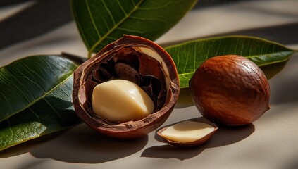 A macadamia nut is opened to reveal its interior, with two nuts and some leaves next to it. The shell of the macadamia dried fruit has an oval shape and rounded edges. It uses raw.