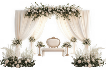 Elegant white wedding stage decoration with floral arch and seating, event backdrop, isolated on transparent background