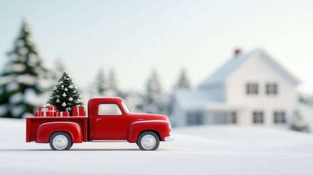 Red toy carrying truck gifts christmas tree and pickup is driving on snowy road to house in blurred background - Powered by Adobe