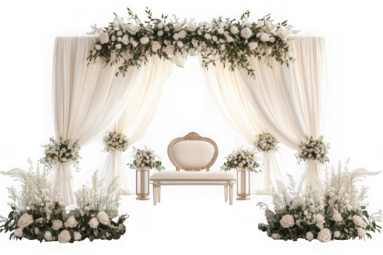 Elegant white wedding stage decoration with floral arch and seating, event backdrop, isolated on transparent background