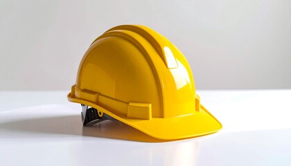 Fototapeta premium Bright yellow safety helmet resting on a white surface, showcasing protective headgear.
