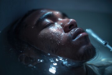 Portrait of young black man partially submerged in water, his face emerging just above the surface. Syringe floats nearby