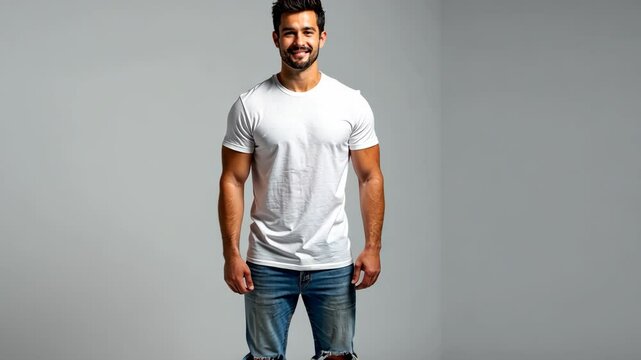 Full-body shot of an athletic attractive young male in ripped light blue jeans and blank white short sleeve t-shirt.