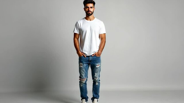 Full-body shot of an athletic attractive young male in ripped light blue jeans and blank white short sleeve t-shirt.