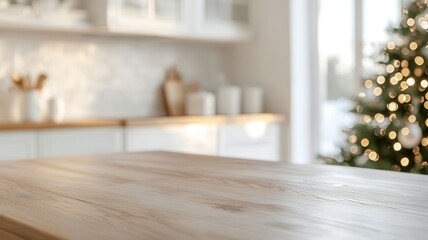 table Wooden foregrounding softly blurred christmas kitchen with twinkling tree lights and festive warmth