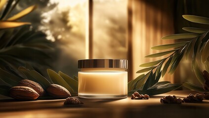 A jar of shea butter surrounded by nuts and leaves, with sunlight streaming through the window in an indoor setting. The background is blurred to focus on the product, creating a.