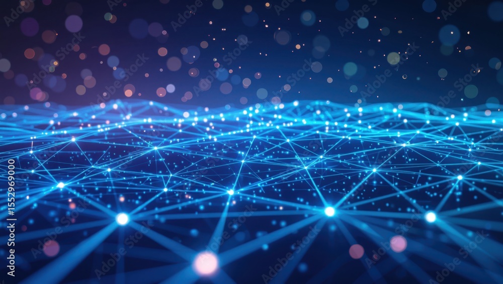 Poster abstract digital network connections with glowing blue nodes and bokeh lights in a dark space