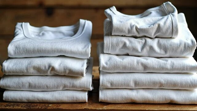 Neatly folded white t-shirts stacked on a wooden surface. Many folded white basic cotton linen presented in rustic interior. Minimalist clothing organization and clean laundry concept.