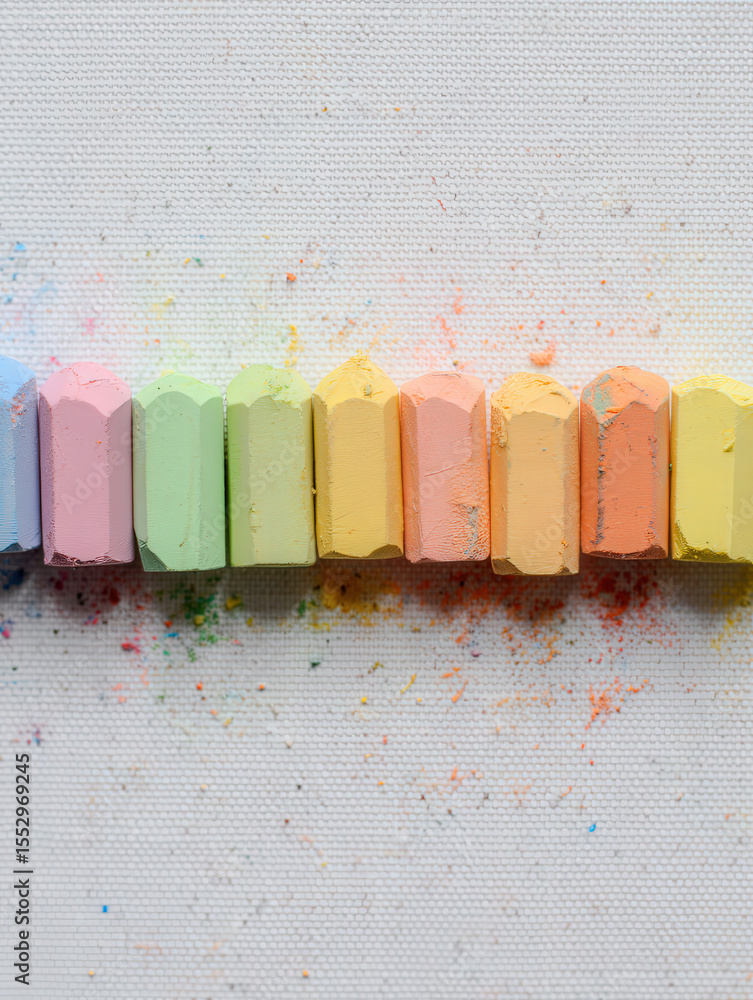 Aufkleber a row of colorful chalk sticks arranged on a white textured surface with chalk dust scattered around