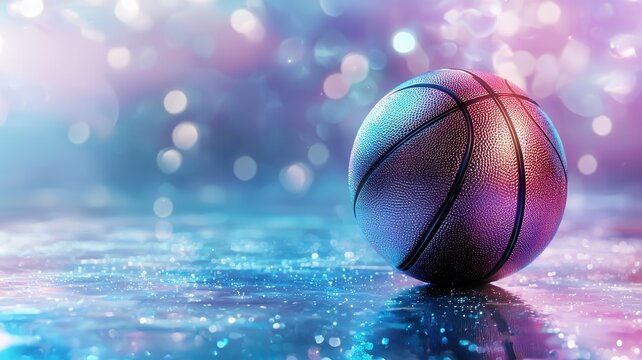 Metallic a rotating on a wet surface with a sparkling, basketball background, creating glowing dynamic and energetic sports concept