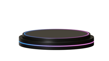 A futuristic black circular display podium with a transparent background, featuring vibrant neon blue and pink light rings, perfect for showcasing tech or gaming products dynamically.

