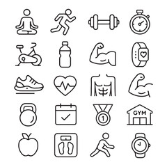 Collection of simple line art icons representing fitness health and wellness activities.